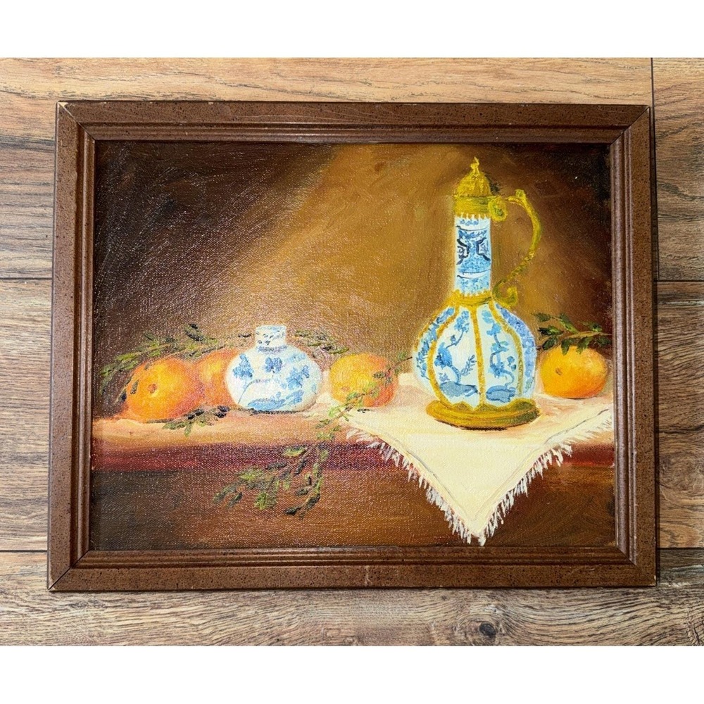 VTG‎ Original Oil Painting Still Life Blue White Porcelain Vase Oranges Framed